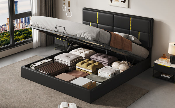 English Elm Queen Upholstered Storage Bed Gas Lift Platform with Gold Trim Pu Headboard N733S362241B