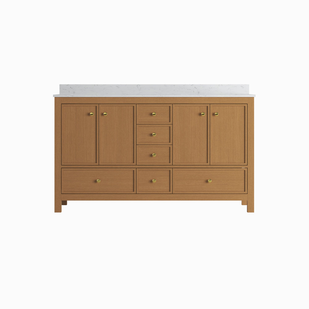 English Elm 60" Double Sink Vanity Solid Wood Cabinet Carrara Marble Top Brown Oak Finish T3785P442245