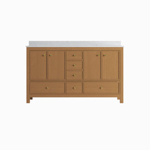 English Elm 60" Double Sink Vanity Solid Wood Cabinet Carrara Marble Top Brown Oak Finish T3785P442245