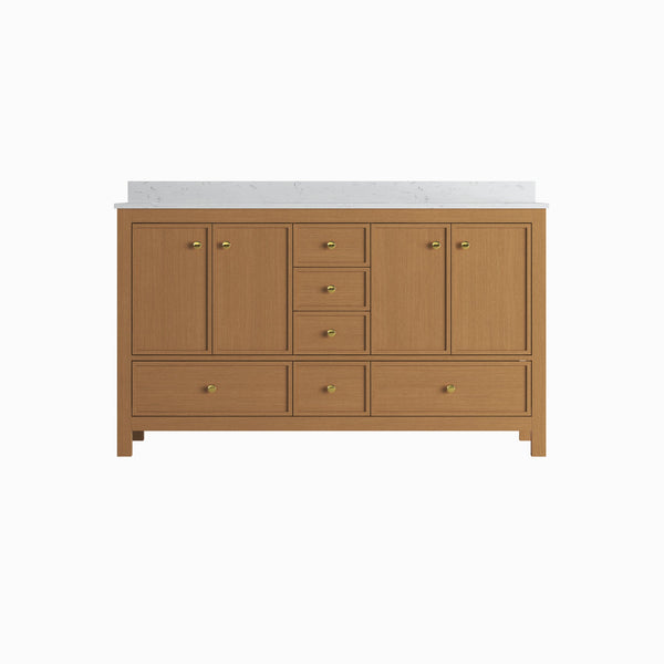 English Elm 60" Double Sink Vanity Solid Wood Cabinet Carrara Marble Top Brown Oak Finish T3785P442245