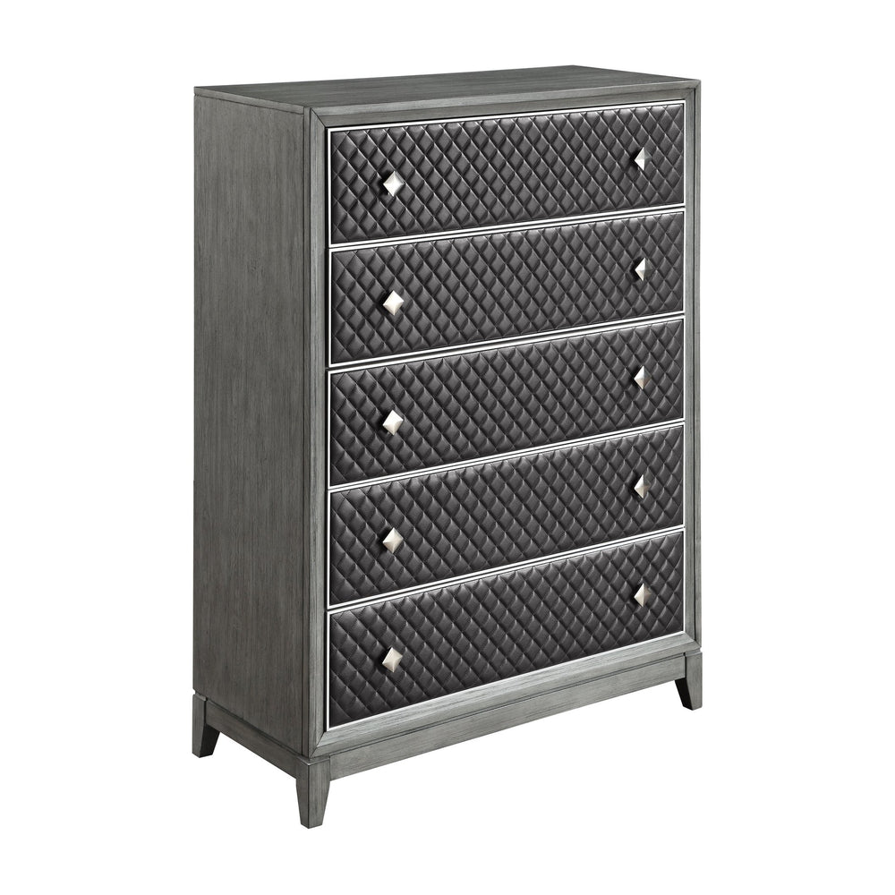 English Elm Modern Five Drawer Chest with Diamond Faux Leather Fronts and Birch Veneer Bedroom Storage B011P186574