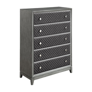 English Elm Modern Five Drawer Chest with Diamond Faux Leather Fronts and Birch Veneer Bedroom Storage B011P186574