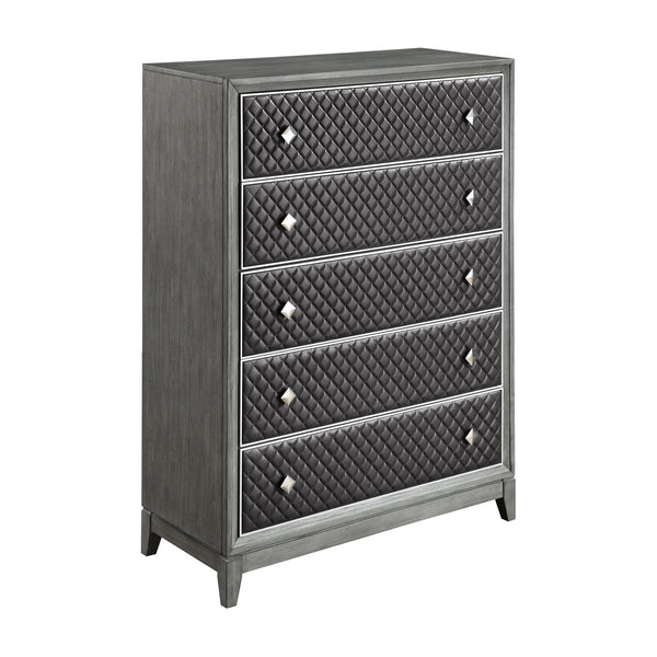 English Elm Modern Five Drawer Chest with Diamond Faux Leather Fronts and Birch Veneer Bedroom Storage B011P186574