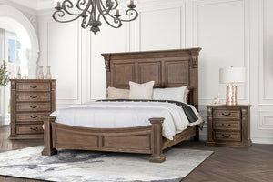 English Elm Formal Weathered Panel Queen Bed with Carved Dentil Moldings, Reeded Posts and Rustic Finish Oak 83 L x 13 W x 6 H B2741S00742