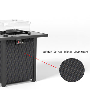 English Elm 28 28 Inch Propane Fire Pit Table with 50,000 BTU Stainless Burner, Rattan Look, Tempered Glass Top & Windscreen Coffee W861P211850