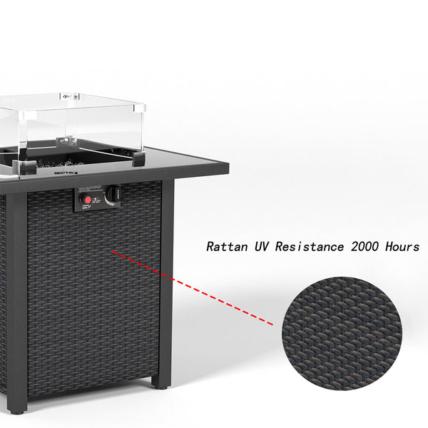 English Elm 28 28 Inch Propane Fire Pit Table with 50,000 BTU Stainless Burner, Rattan Look, Tempered Glass Top & Windscreen Coffee W861P211850