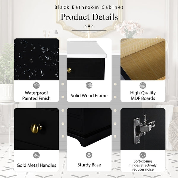English Elm 30'' Solid Wood Frame Bathroom Vanity with Ceramic Sink, Retro Black Freestanding 2-Drawer Cabinet N710P276724B