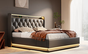 English Elm Queen Upholstered Bed with Surround LED, App/Remote Control, Hydraulic Storage, USB Type-C Charging Black N736P188807B