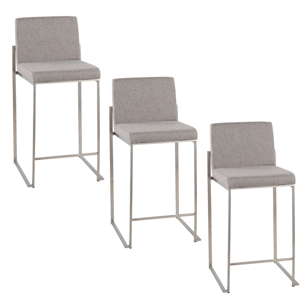 English Elm Fuji 26" High Back Counter Stool Set Of 3 - Stylish Grey Fabric & Stainless Steel For Modern Comfort B202P221970