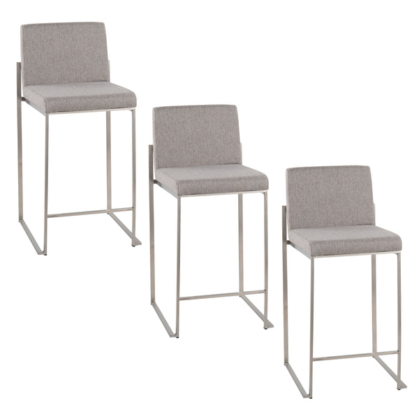 English Elm Fuji 26" High Back Counter Stool Set Of 3 - Stylish Grey Fabric & Stainless Steel For Modern Comfort B202P221970