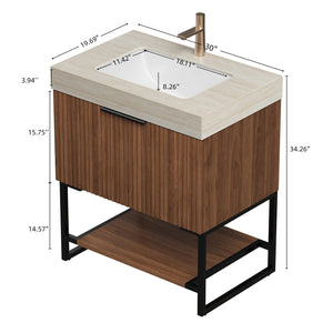 English Elm Yolan 30 Inch Freestanding Bathroom Vanity Plywood Cabinet Sintered Stone Top Oak Finish Beige,Black,Dark Walnut W2615S00667