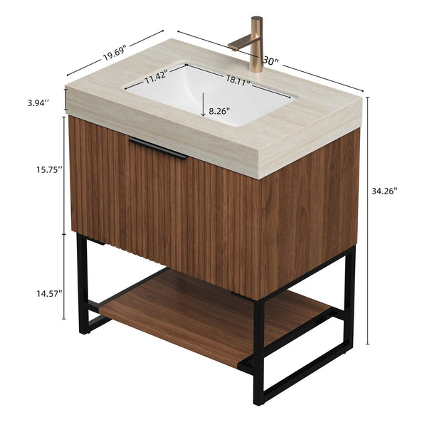 English Elm Yolan 30 Inch Freestanding Bathroom Vanity Plywood Cabinet Sintered Stone Top Oak Finish W2615S00653