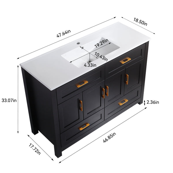 English Elm 48" Matte Black Bathroom Vanity with Ceramic Basin 8 Soft Close Storage Doors Drawers W3133S00004