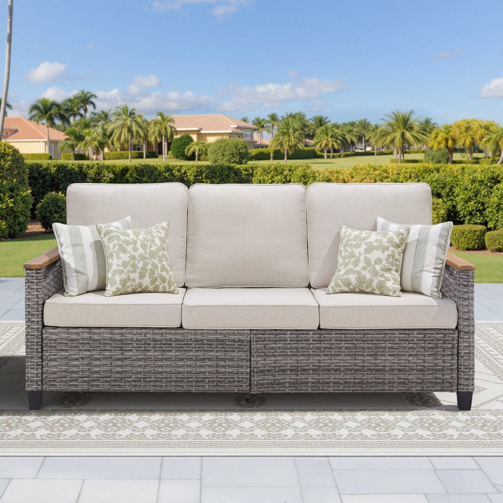 English Elm 73.2" Outdoor Handwoven Rattan 3 Seat Sofa with Olefin Cushions for Porch or Patio Beige T3773P418279