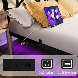 English Elm Full Size Floating Platform Bed with Led Underglow Usb Charging and Storage Headboard W840P383353