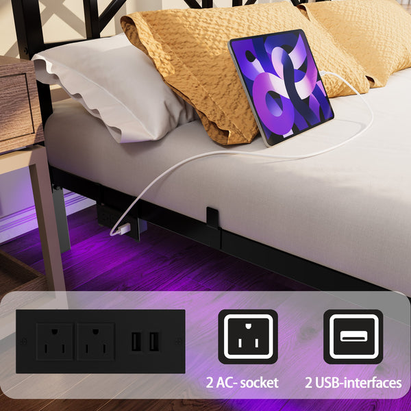 English Elm Full Size Floating Platform Bed with Led Underglow Usb Charging and Storage Headboard W840P383353