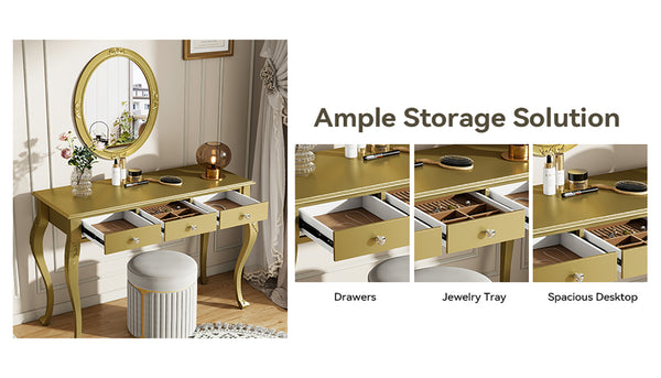 English Elm Luxury Makeup Vanity Desk with Oval Mirror and Engraved Floral Frame, Velvet Jewelry Tray, Durable Drawers and Elegant Console for Bedroom & Living Room Decor Gold N844P292481G