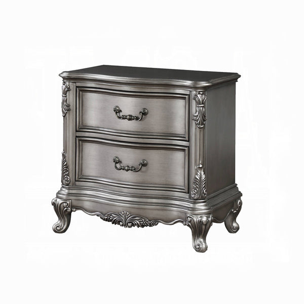 English Elm Wooden Two-Drawer Nightstand with Grooved Panels and Washed Finish — Transitional Bedroom Focal Point Antique Silver B016P256539