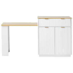 English Elm K&K Fluted Kitchen Island with Extendable Dining Table, Art Deco Mid-Century Design, Built-In Power Hub, Gold Handle White N707S000018W
