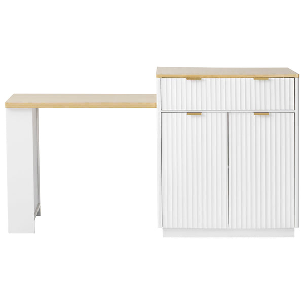 English Elm K&K Fluted Kitchen Island with Extendable Dining Table, Art Deco Mid-Century Design, Built-In Power Hub, Gold Handle White N707S000018W