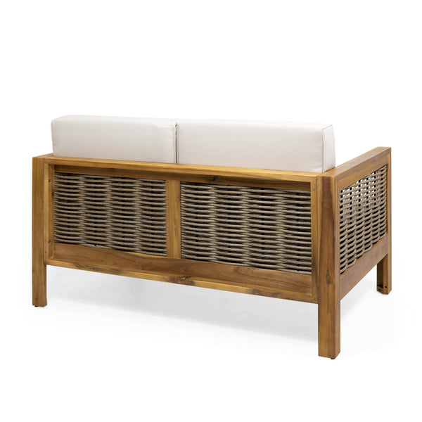 English Elm Christopher Knight Home® - Outdoor 4-Piece Acacia Wood Chat Set With Wicker Accents, Water-Resistant Cushions & Teak Finish 68942.00BGE-2_70141.00BGE