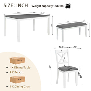 English Elm 6-Piece Modern Farmhouse Dining Table Set With Bench & Chairs, Grey & White, Comfortable Seating W1998S00064