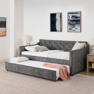English Elm Twin Linen Tufted Daybed with Pop up Trundle and Usb Port for Guest Rooms Grey W1413S00128