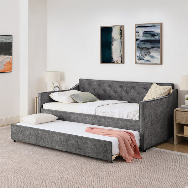 English Elm Twin Linen Tufted Daybed with Pop up Trundle and Usb Port for Guest Rooms Grey W1413S00128
