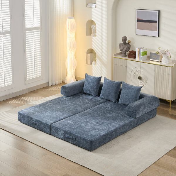 English Elm Comfy Chenille Convertible Folding Mattress Couch Sofa Bed with Armrest, Space-Saving, No Assembly Needed Blue W1143P330252