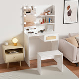 English Elm Vanity Desk Set Stool & Dressing Table With Led Lighting Mirror Drawer and Compartments Modern Wood Cosmetic Table Chest Of Drawers White Color