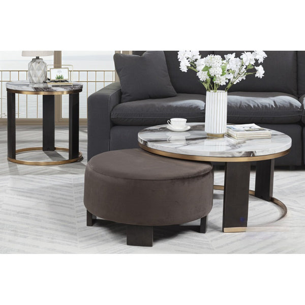 English Elm Nesting Marble-Top Coffee Table Set with Velvet Ottoman, Brass Frame, Dark Wood Legs — Modern Chic Living Room B011P355867