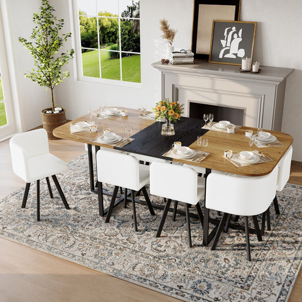 English Elm 9-piece Square Dining Set Two-tone Wood Tabletop with 8 White Pu Leather Chairs Modern W3875S00139