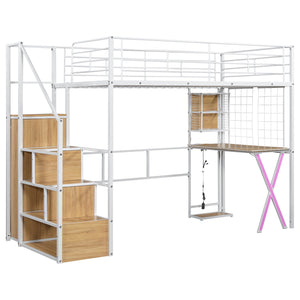 English Elm Twin Metal Loft Bed with Desk, Wardrobe & LED Lighting — Space-Saving Twin Loft with Storage Staircase GX000662AAK