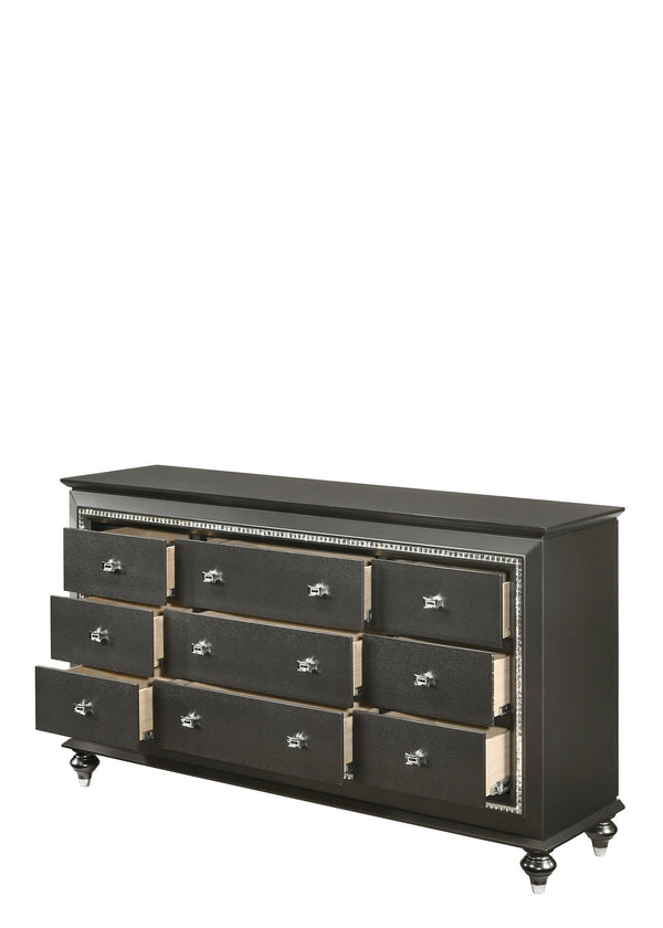 English Elm Kaitlyn Elegant Dresser with 9 Felt-Lined Drawers, Crystal Trim, Embossed Texture & Bun Legs Silver grey 70 L x 21 W x 39 H B2726P261867