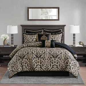 JLA Home Madison Park - 8 Jacquard Comforter Set with Damask Medallion, Satin Sheen, Overfilled Warmth & Decorative Accents MP10-8727