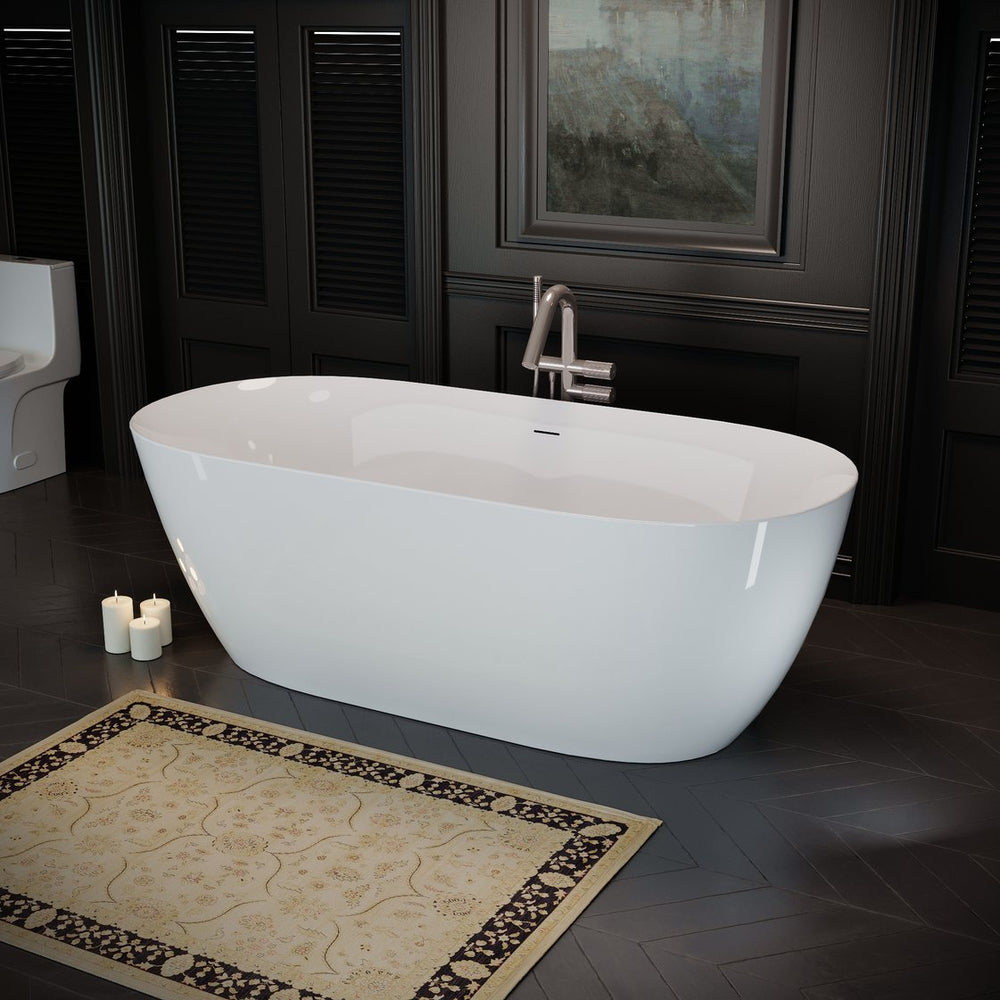 English Elm 63'' Oval Acrylic Soaking Tub Freestanding Glossy White with Chrome Toe-tap Drain W1920P351755