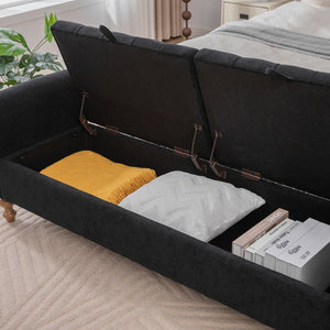 English Elm 65.75" Upholstered Storage Bench Napped Fabric Dual Lids Walnut Legs Bedroom Seating W3098P397303