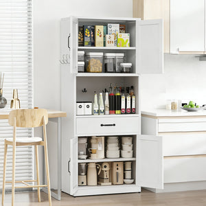 English Elm 71 Inch Steel Kitchen Pantry Cabinet with Adjustable Shelves Drawer and Hooks Modern White T2398P413028