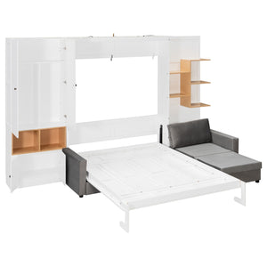 English Elm Queen Murphy Wall Bed with Velvet Sofa Built in Shelves Cabinets and Reading Lights White LP000393AAK