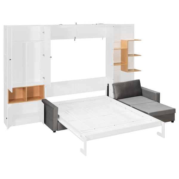 English Elm Queen Murphy Wall Bed with Velvet Sofa Built in Shelves Cabinets and Reading Lights White LP000393AAK