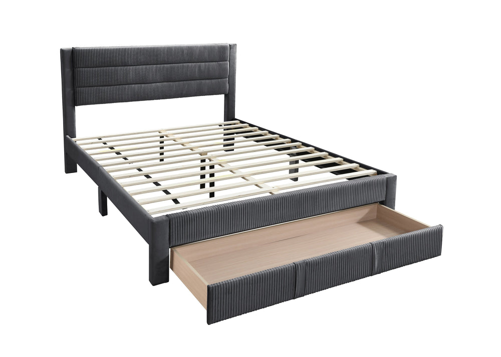 English Elm Luxury Corduroy Upholstered Queen Bed with Horizontal Channel Tufted Headboard and Storage Drawer Charcoal 62 L x 24 W x 10 H B011P238964