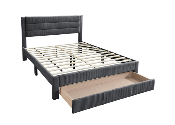 English Elm Luxury Corduroy Upholstered Queen Bed with Horizontal Channel Tufted Headboard and Storage Drawer Charcoal 62 L x 24 W x 10 H B011P238964