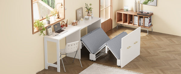 English Elm Twin Murphy Cabinet Bed with Folding Desk Mdf Frame Guest Room White Finish N733S272603K