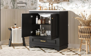 English Elm 30" Elegant Bathroom Vanity with Ceramic Sink, French-Inspired Compact Cabinet with Drawer & Shelf Black N710P317676B