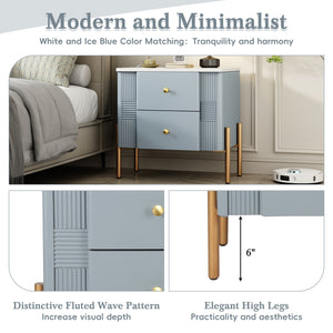 English Elm Christopher Knight Home® - Modern Fluted Nightstand with Two Drawers and Gold Legs, Sleek Textured Bedside Table for Stylish Storage and Easy Cleaning Blue 23 L x 18 W x 18 H N761P285710C