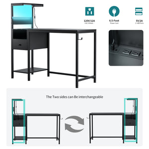 English Elm Computer Gaming Desk with RGB LED Lights, Reversible 4-Tier Shelves, Drawer & Headphone Hook, Space-Saving Workstation Black W578P191952