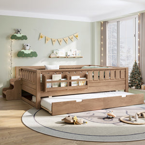 English Elm Twin Kids Platform Bed with Trundle Staircase Bookshelf and Rounded Safety Rails Natural W1580S00561