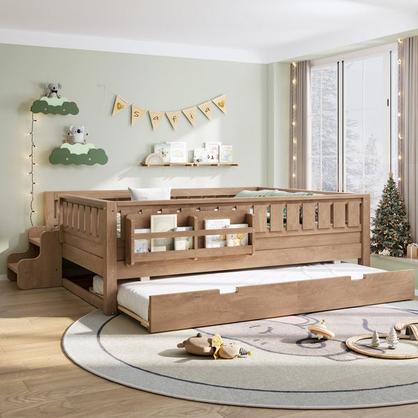 English Elm Twin Kids Platform Bed with Trundle Staircase Bookshelf and Rounded Safety Rails Natural W1580S00561