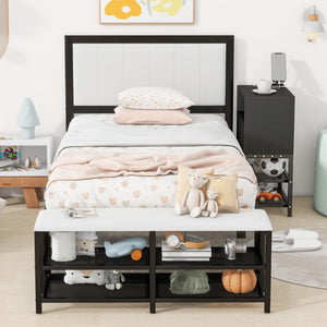 English Elm Twin Metal Platform Bed With Two-Tier Shelves & Wooden Cabinet - Stylish Storage Solution In Black N737P199330B-GIGA