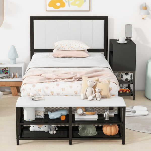 English Elm Twin Metal Platform Bed With Two-Tier Shelves & Wooden Cabinet - Stylish Storage Solution In Black N737P199330B-GIGA